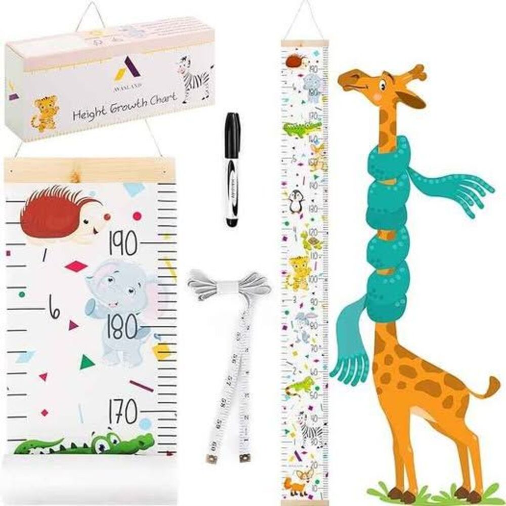 Baby Growth Chart Ruler Wall Décor with Photo Pocket Removable Canvas Wood Frame